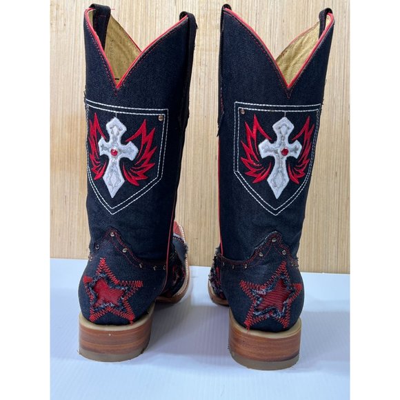 Arles Wester Collection - Men\'s Denim and Imitation Lizard Skink Boots Red/Blue main image 3